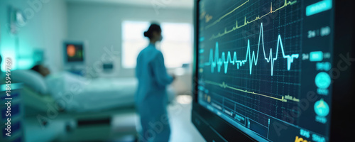Medical team monitors critical patient vitals on ECG screen in ICU room. Nurse checks equipment near patient bed with life support machines. Urgent care unit scene.