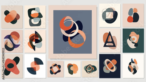 Collection of Abstract Geometric Shapes and Fluid Forms Art on Display Cards in Bright Studio