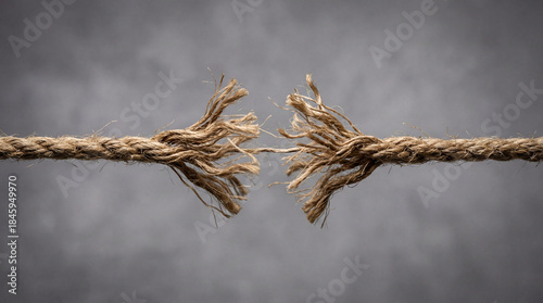 A fraying rope on the verge of snapping symbolizing tension, fragility and breaking points on neutral background.