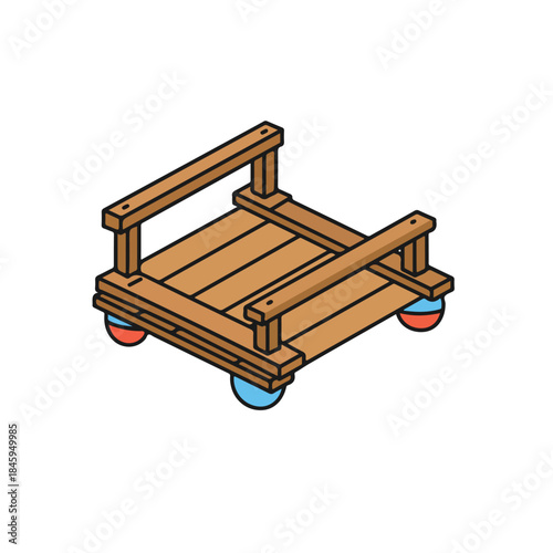 Wooden pallet with wheels for easy transportation. Ideal for warehouse, industrial, or mobile display setups requiring efficient movement.