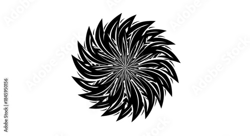 Abstract black and white floral design with swirling petals on a white background.