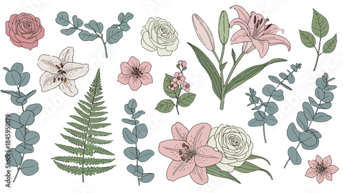 Collection of delicate floral elements including roses, lilies, and eucalyptus branches on isolated white background