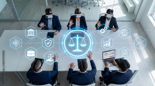 Virtual reality legal training with business team using virtual reality headsets and digital justice icons.