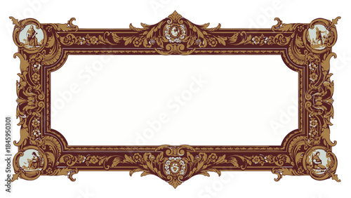Ornate vintage gold picture frame with intricate baroque details and empty white space on isolated white background