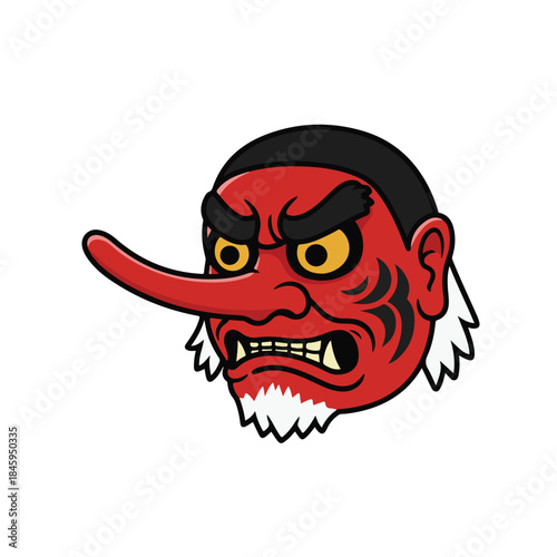 Tengu mask representing a mythical creature in japanese folklore, suitable for asian culture designs, halloween, and traditional art themes.