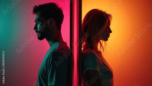 Man, woman silhouettes turn away from each other with colorful lighting. Couple faces separation, relationship crisis, emotional distance, feeling alone. Communication breakdown symbolizes conflict.