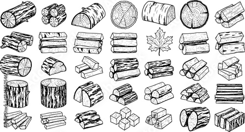Hand-Drawn Wood  Firewood Icon Set. Sketch vector collection of logs, cut lumber, stacked timber, tree stumps, and blocks. Perfect for forest, nature, and construction designs.