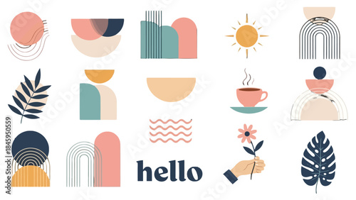 Abstract Minimalist Geometric Shapes and Natural Elements Collection with 'Hello' Text on a White Background, Modern Organic Design Set, Earthy Tones Art Composition, Contemporary Graphics