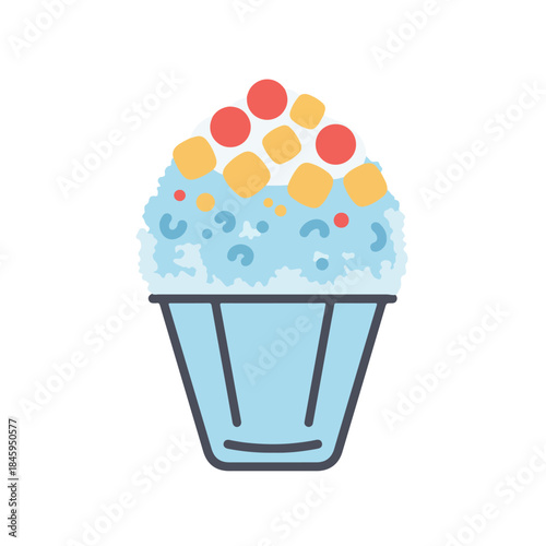 Shaved ice dessert with colorful fruit in a cup, ideal for summer menus, food blogs, and refreshing beverage concepts.