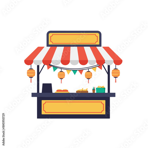 Striped food stall with lanterns and flags suitable for food market, street fair, festival event promotion, vibrant atmosphere depiction.