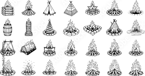Hand Drawn Bonfire and Campfire Illustrations Set with Various Firewood Stacks, Black and White Sketch Icons Collection