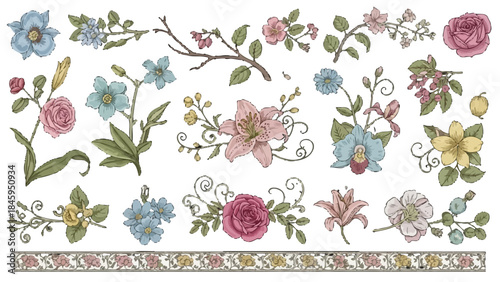 Hand drawn botanical floral elements with various colorful flowers, buds, and green leaves, perfect for decorative borders on an isolated white background.