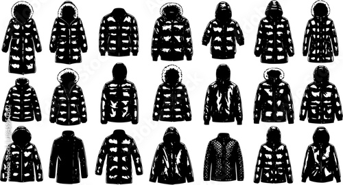 Diverse Collection of Puffy Winter Coats and Jackets, Fashionable Outerwear Silhouettes for Men and Women