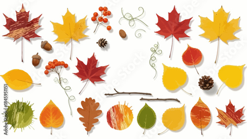 Collection of Vibrant Autumn Leaves Berries and Acorns on Isolated White Background