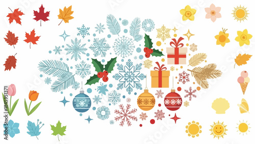 Festive Collection of Winter and Spring Elements with Snowflakes, Holly, Gifts, and Flowers Isolated on White Background