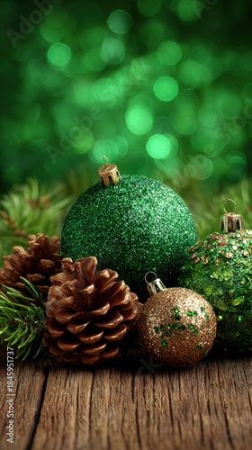 Festive Green and Gold Christmas Ornaments on Wooden Table