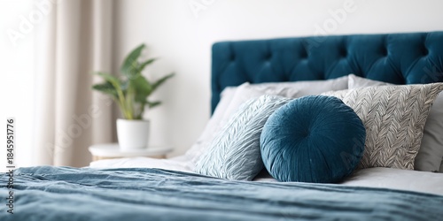 Bed with a blue pillow and a white pillow
