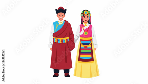 Traditional Asian couple in colorful cultural attire