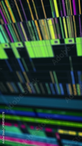 Close-up view of a digital video editing timeline with synchronized audio and video tracks, used in cinematic post-production, filmmaking, and multimedia content creation