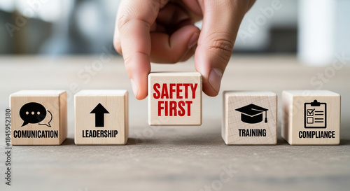 Hand arranging wooden blocks with safety first concept