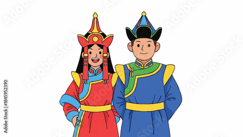 Cartoon medieval fantasy characters in traditional costumes