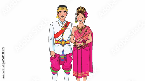 Traditional Asian couple in colorful attire