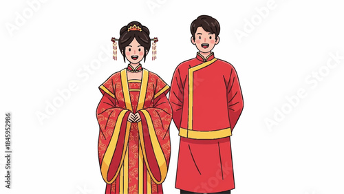 Traditional East Asian Couple in Festive Red Attire Illustration