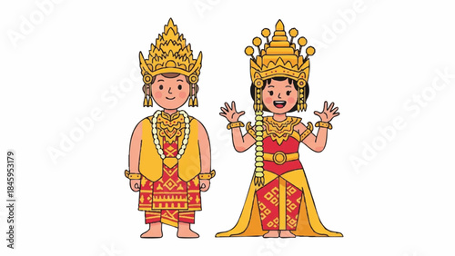 Cartoon Illustration of Traditional Southeast Asian Royal Couple in Ornate Golden Costumes