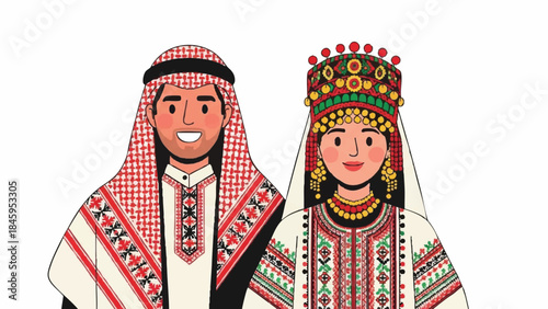 Traditional Middle Eastern Couple Portrait in Embroidered National Attire Illustration