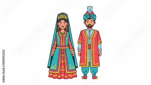 Traditional Asian Couple in Brightly Colored Ethnic Wedding Attire Illustration
