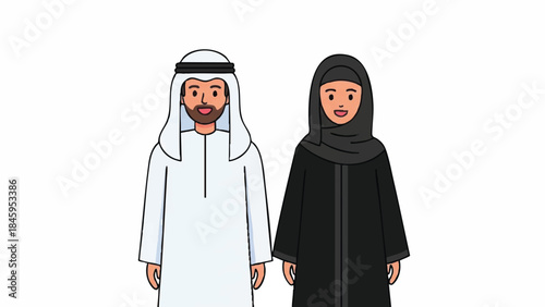 Cartoon Illustration of Arab Couple in Traditional National Clothing