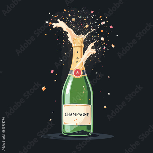 Champagne bottle bursting with celebratory confetti and streamers against a dark background