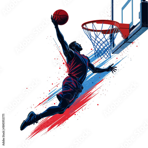 Dynamic illustration of a basketball player soaring through the air for a slam dunk, showcasing athleticism and the thrill of the game
