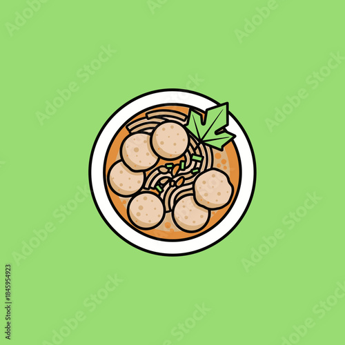Delicious cartoon illustration of a bowl of noodles with meatballs and a green leaf garnish.