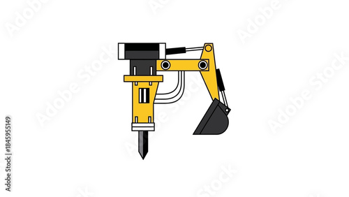 Hydraulic Breaker and Excavator Bucket Attachment Illustration.