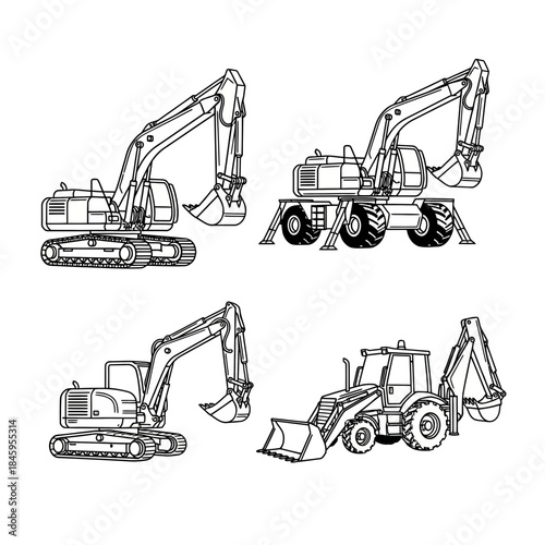 Set of various construction vehicles including excavators and backhoe loader line art.