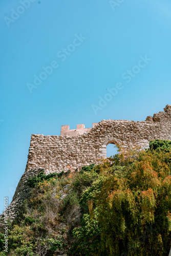 Historic stone fortress wall rises above lush greenery under a clear blue sky in South Spain, perfect for travel, history, and architecture themed projects.