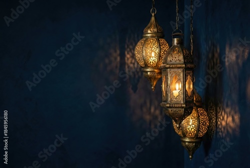 Traditional Ramadan lanterns hanging against blue wall