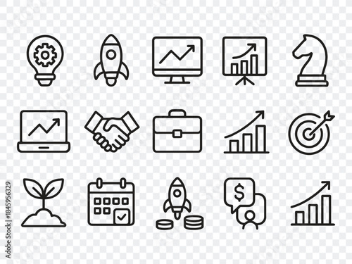 Minimalist Business and Marketing Line Icons: Strategy, Finance, Growth, SEO, Teamwork, and Communication Symbols Vector Set
