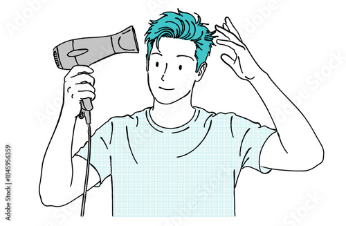 ドライヤーで髪を乾かす男性のイラスト（ヘアケア・洗面）,スタイリング,身だしなみ,美容,カラー,ベクター