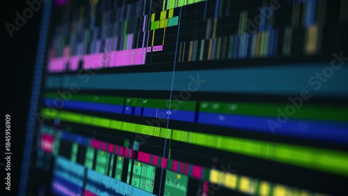 Close-up of a colorful cinematic video editing timeline interface in professional post-production software, showcasing audio and video layers in a complex sequence.