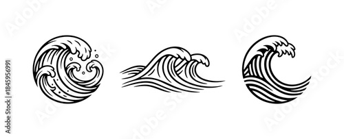 Black and White Wave Ocean Line Drawing