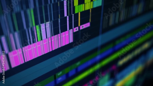 Close-up view of a cinematic video editing timeline interface with multitrack audio and video layers in professional post-production software for filmmaking and content creation