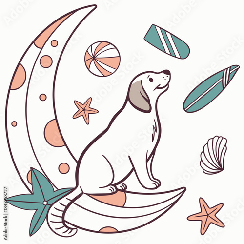 Charming SVG of a Amused American Water Spaniel featuring sitting on a moon, styled in a Under the Sea theme with Ocean Dreams hues