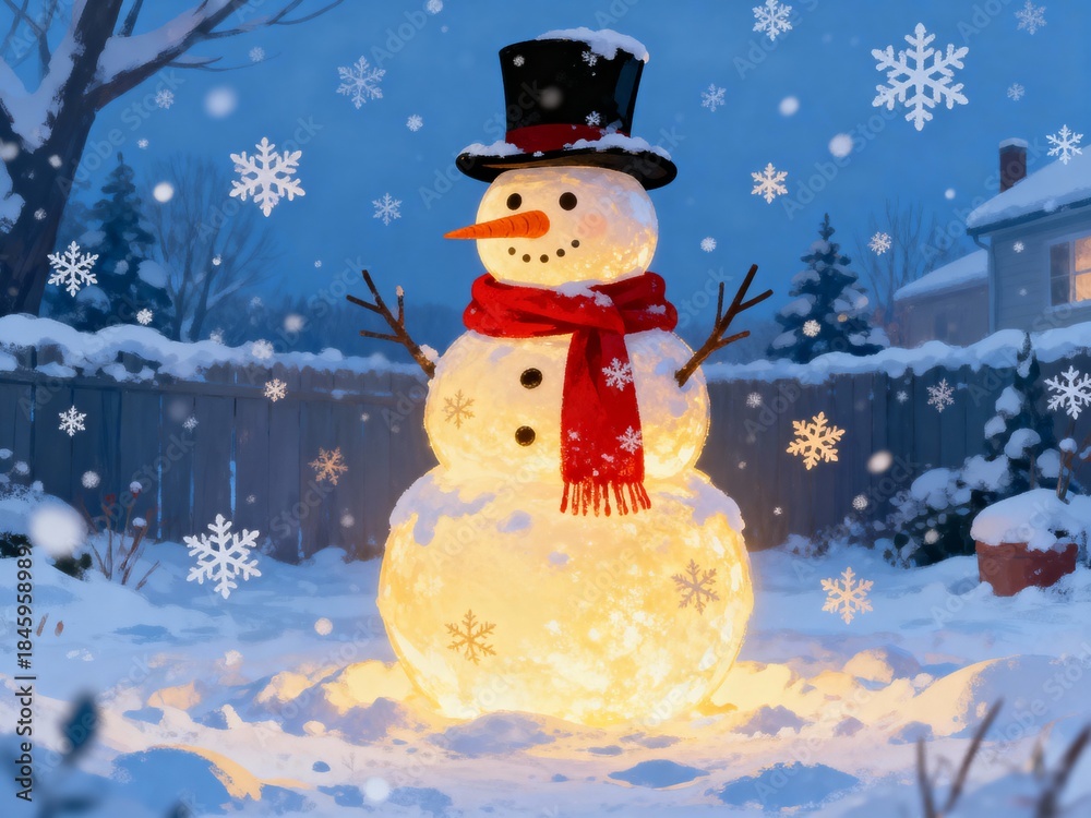 Fototapeta premium Snowman with glowing lights in a snowy backyard during winter night