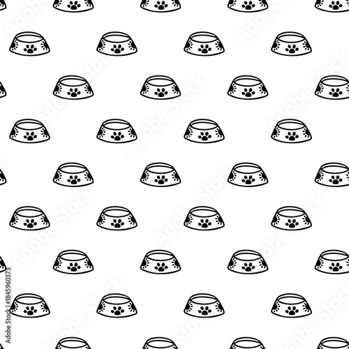 Hand drawn seamless pattern with pet food bowls. Vector pet supplies background. 