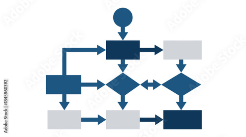 Business process flowchart with blue and gray shapes and arrows