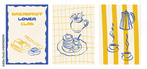 Whimsical cafe doodles featuring coffee cups and breakfast items. Sketch style icons including pancakes, espresso and desserts. Ideal for menu design, branding or retro posters. Vector illustration