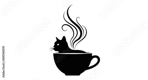 Black Cat Silhouette in a Steaming Coffee Cup Minimalist Design.