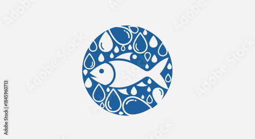 Fish in a Circle of Water Droplets Logo Design.